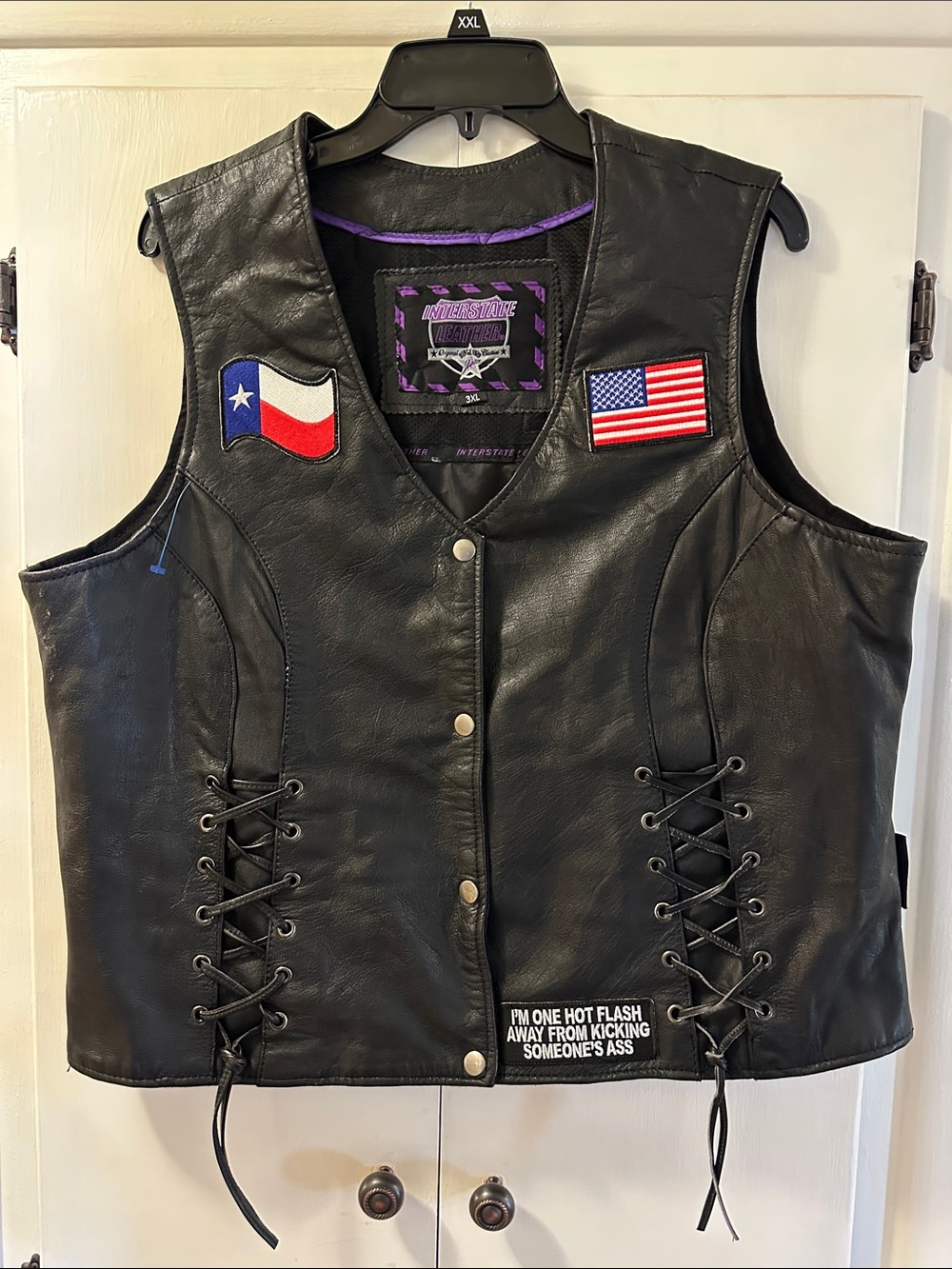 Black Leather Lace-Up Women's Vest with Texas & American Flag Patches